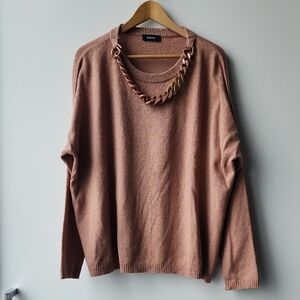 Marani Metallic Oversized Knit Wool Blend Sweater with Enamel Necklace Detail